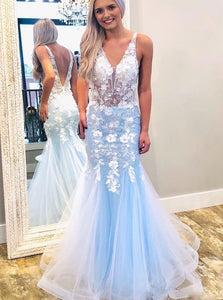 Sky Blue Mermaid V Neck Prom Dresses with Lace Appliques PO385