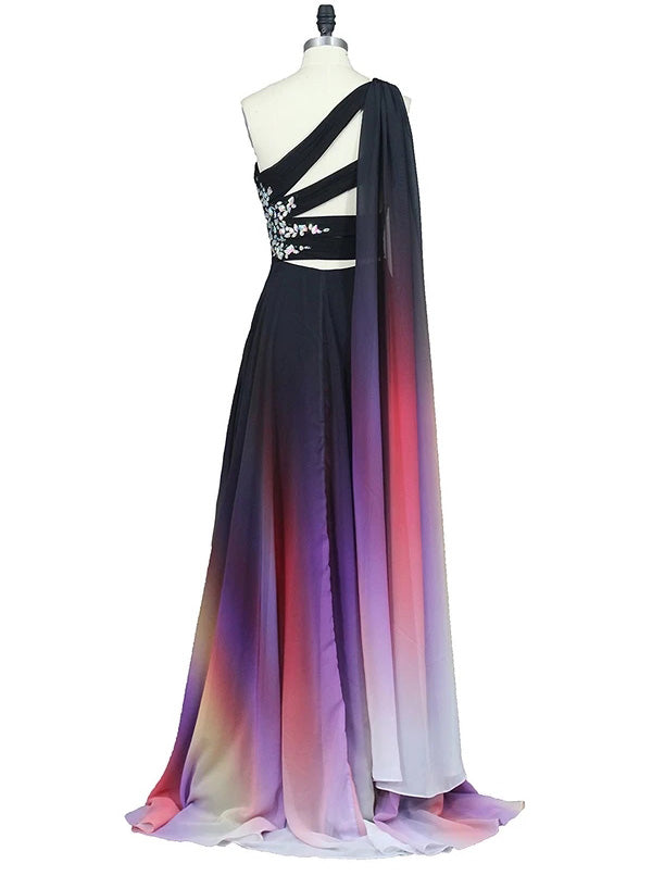 Gradient Long Prom Dresses One Shoulder Ombre Chiffon Evening Dress PO121