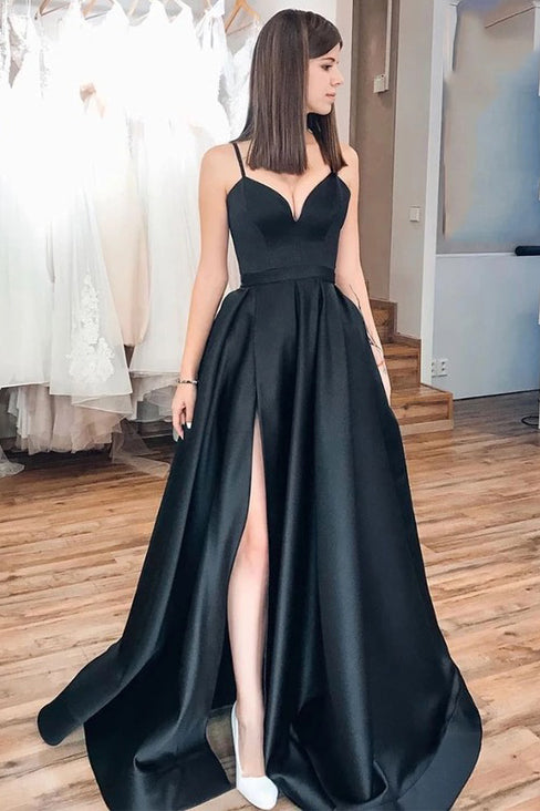 Simple Black Satin Long Prom Dresses Side Slit Elegant Evening Dress PO220
