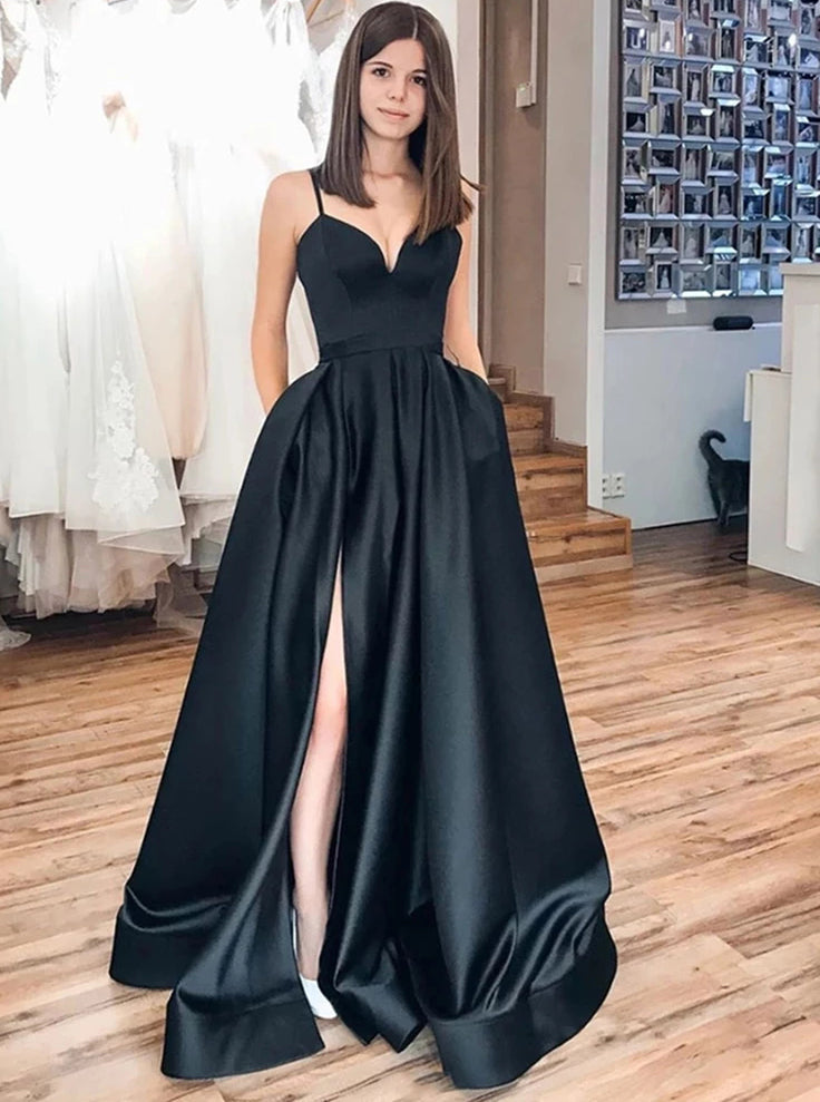 Simple Black Satin Long Prom Dresses Side Slit Elegant Evening Dress P