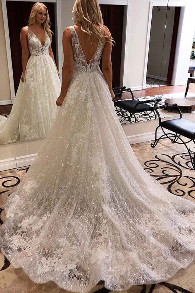 A-line Deep V-neck Sparkle Wedding Dress With Appliques OW609