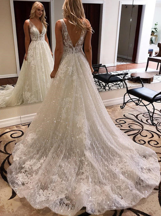 A-line Deep V-neck Sparkle Wedding Dress With Appliques OW609