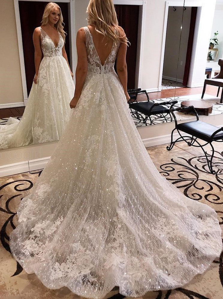 A-line Deep V-neck Sparkle Wedding Dress With Appliques OW609 A-line Deep V-neck Sparkle Wedding Dress With Appliques OW609