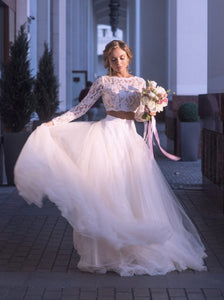 Tulle Boho Wedding Dresses Two Piece Lace Long Sleeves Bridal Gown OW668