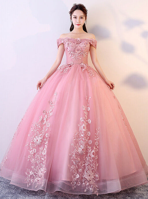 Princess Ball Gown Off-Shoulder Appliques Tulle Prom Quinceanera Dresses PO400