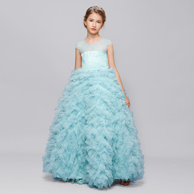 Beauty Princess Lace Cap Sleeves Tulle Flower Girl Gown