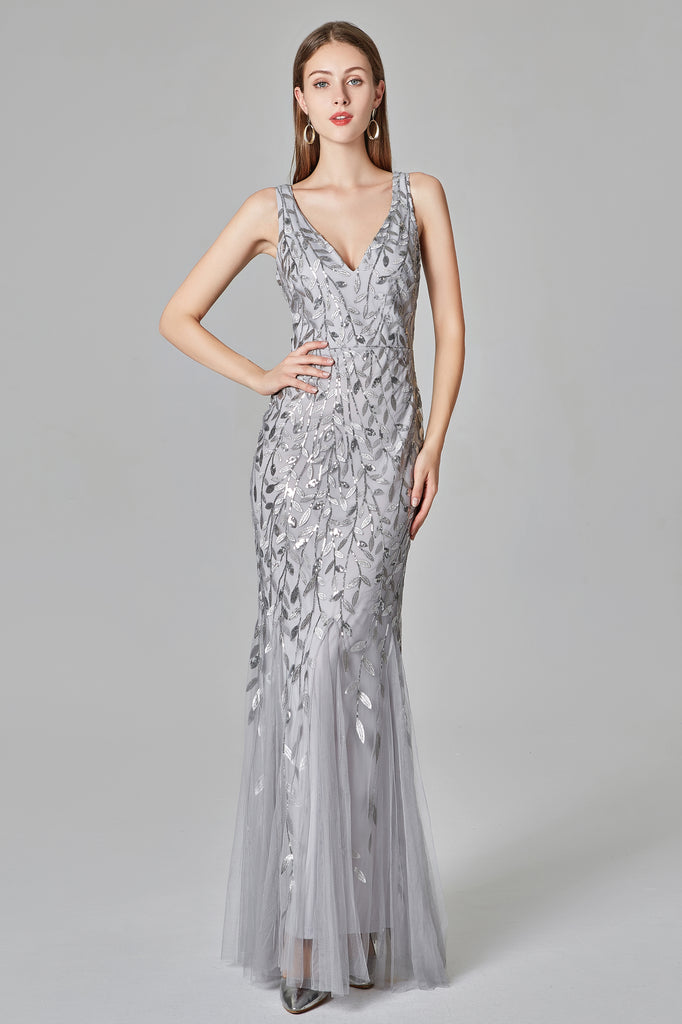 Silver V-neck Evening Dresses Embroidered Sequins Mermaid Prom Dress E90804
