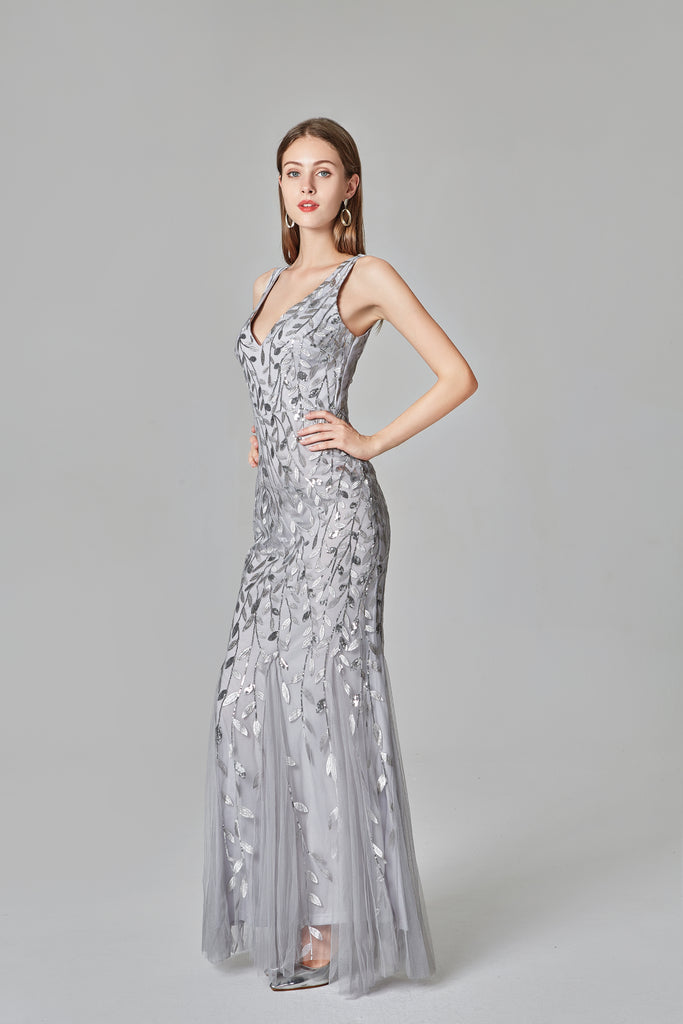 Silver V-neck Evening Dresses Embroidered Sequins Mermaid Prom Dress E90804