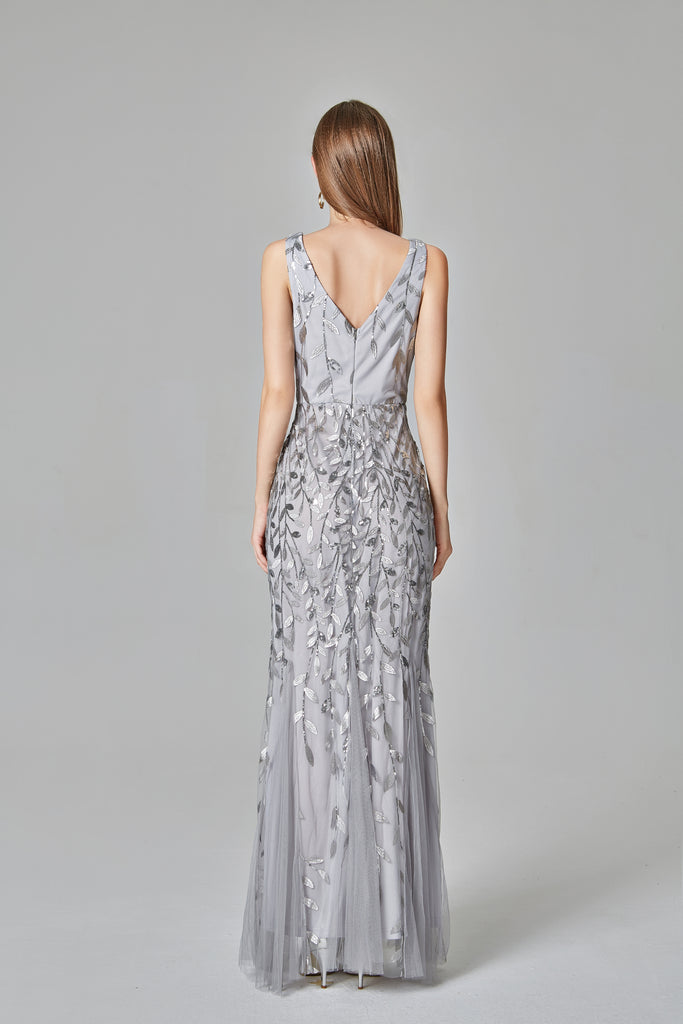 Silver V-neck Evening Dresses Embroidered Sequins Mermaid Prom Dress E90804