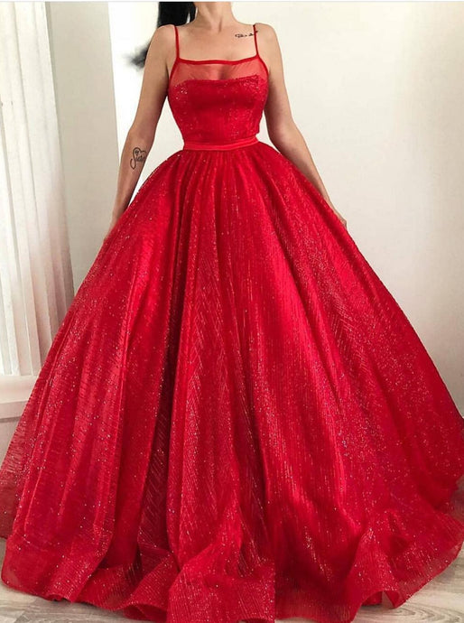 Spaghetti-straps Square Sparkly Red Tulle Ball Gown Long Prom Dresses PO258