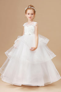 Ivory Tulle Multi-layered Ruffled Flower Girl Dress With Bow