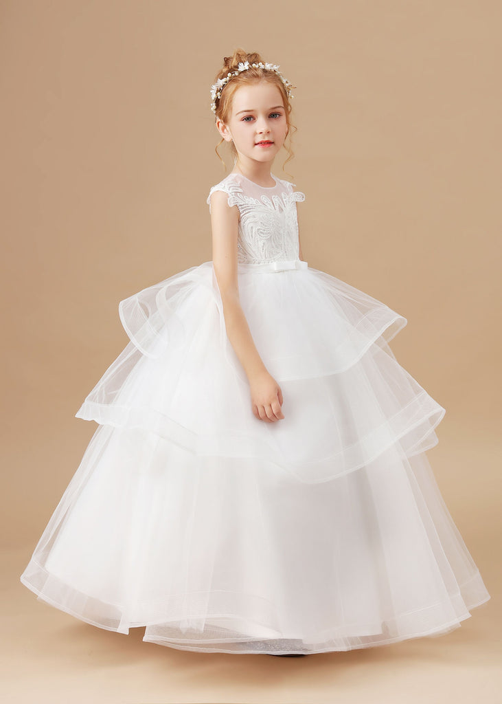 Ivory Tulle Multi-layered Ruffled Flower Girl Dress With Bow