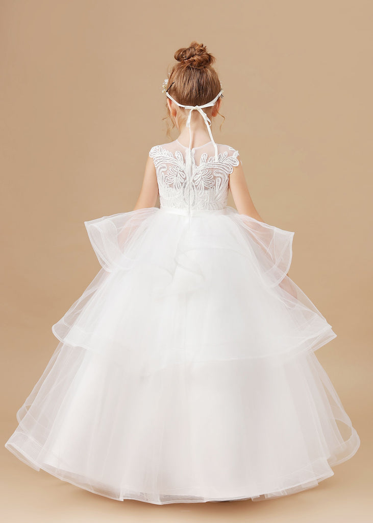 Ivory Tulle Multi-layered Ruffled Flower Girl Dress With Bow