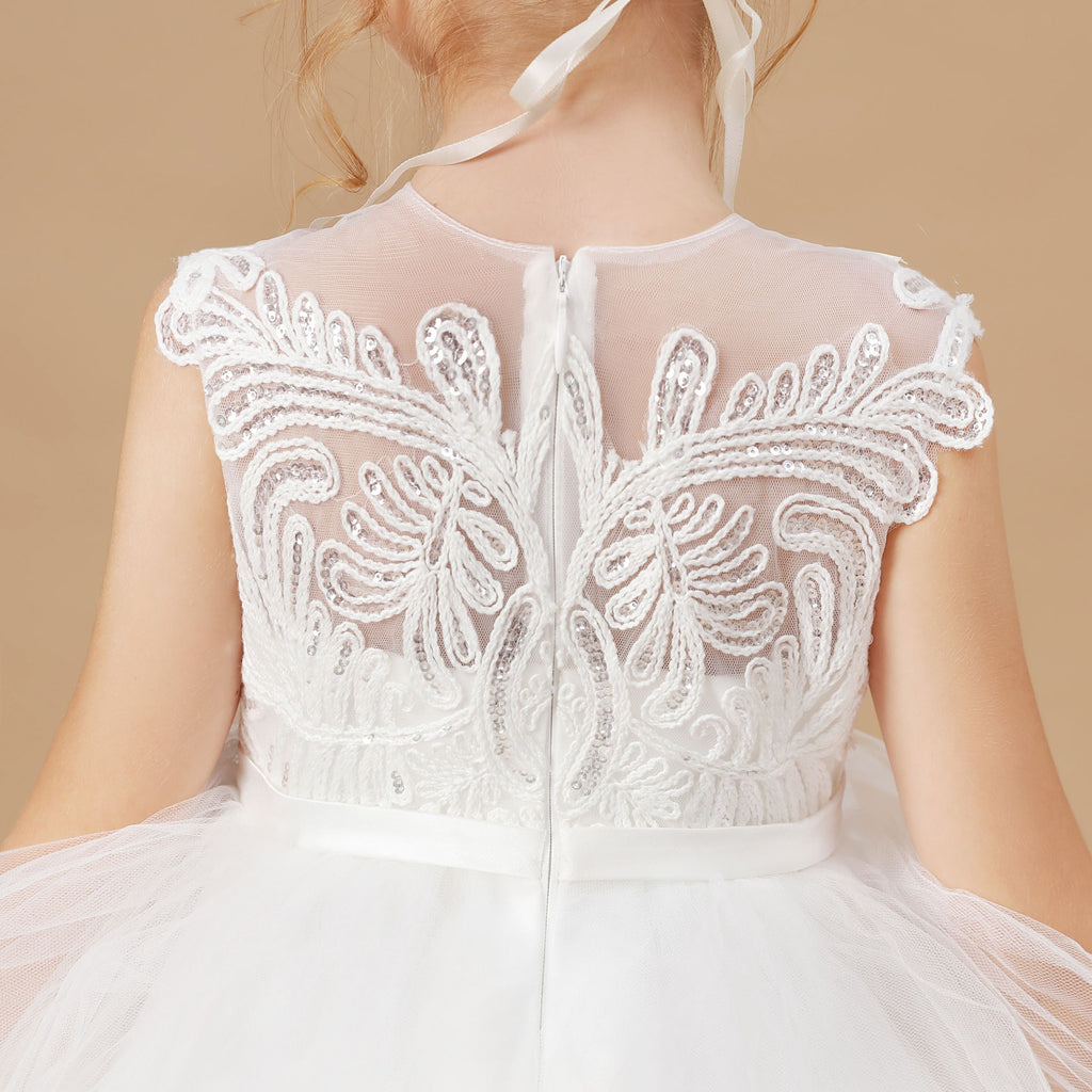Ivory Tulle Multi-layered Ruffled Flower Girl Dress With Bow