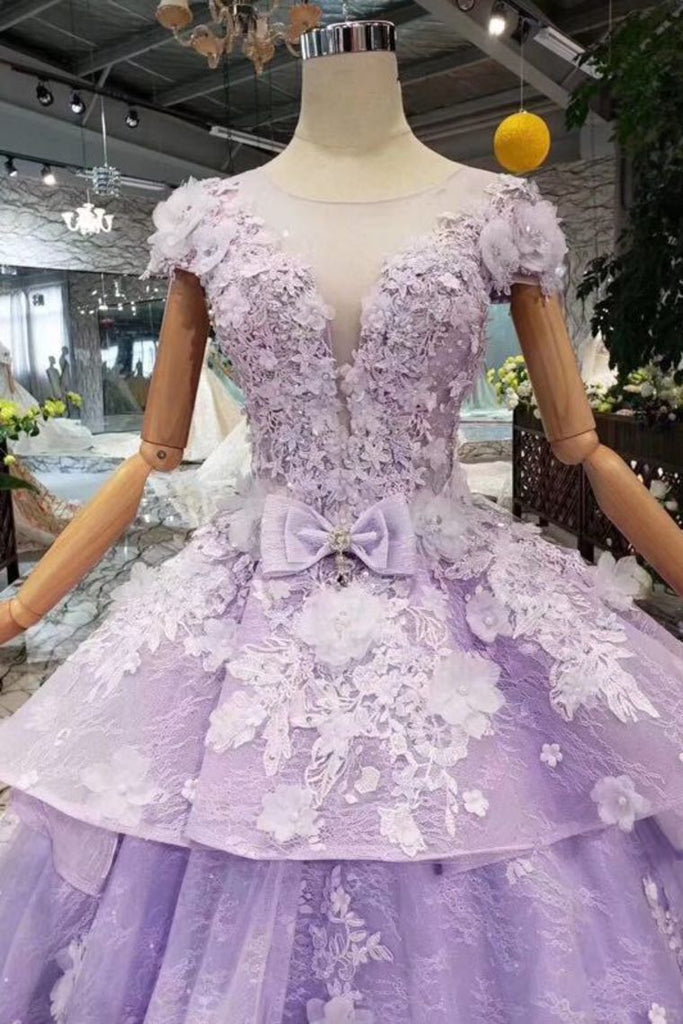 Princess Lilac Beaded Quinceanera Gown 3D Floral Appliques Ball Gown OP722