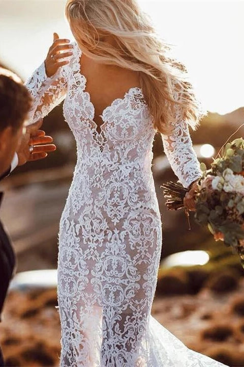 Mermaid V-Neck Long Sleeves Backless Lace Appliques Wedding Dresses