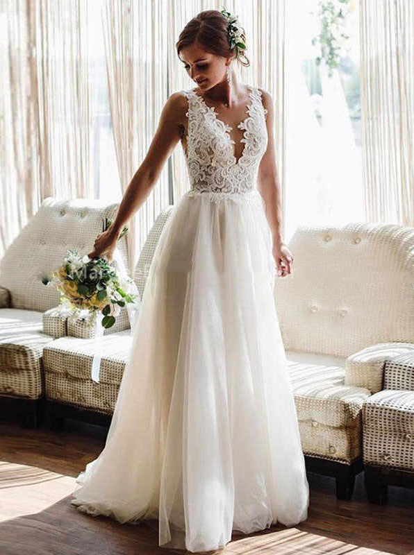 A-line Beach Wedding Dresses Boho Backless Lace Appliques Tulle Weddin A-line Beach Wedding Dresses Boho Backless Lace Appliques Tulle Weddin