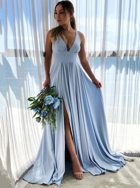 Simple V-neck Blue Long Prom Dress, Chiffon Bridesmaid Dress With Spli