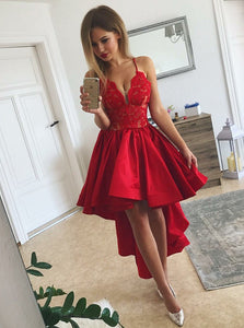 Spaghetti Straps V-neck Lace Bodice Asymmetry Red Satin Prom Dress OP172