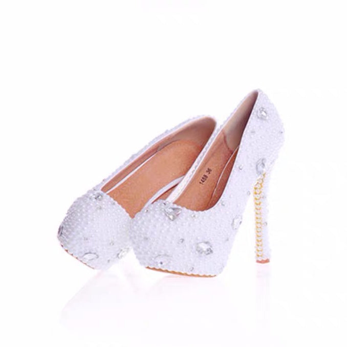 Patent Leather Closed Toe With Pearl Rhinestone White Wedding Shoes OS120