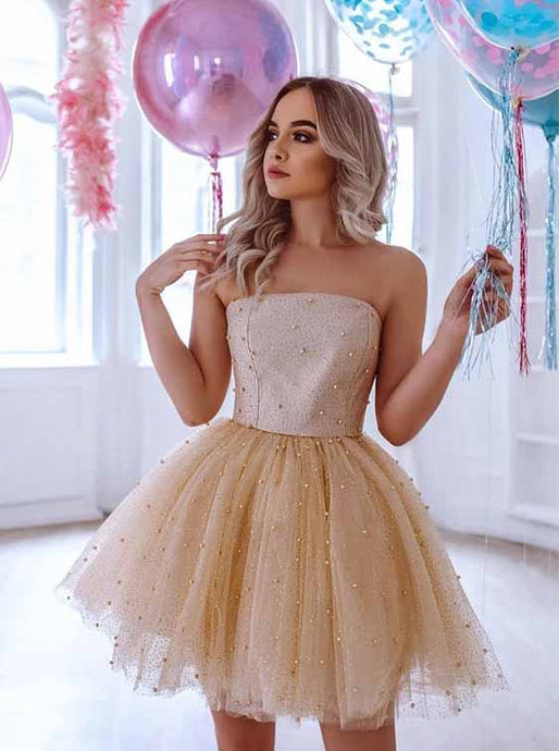 Sparkly Tulle Strapless Homecoming Dress Sequins Cocktail Dress With Pearls OM389