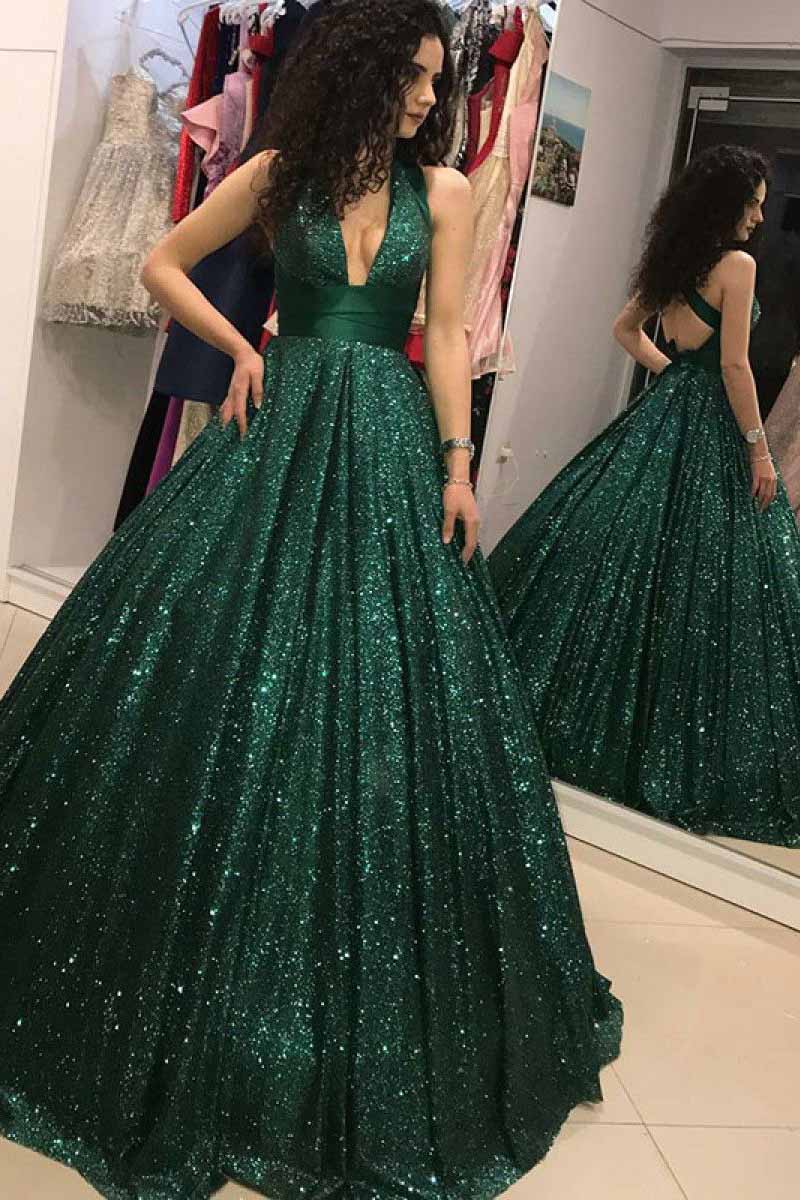 Sparkly Sequins Ball Gown Dark Green V-neck Prom Dress OP724