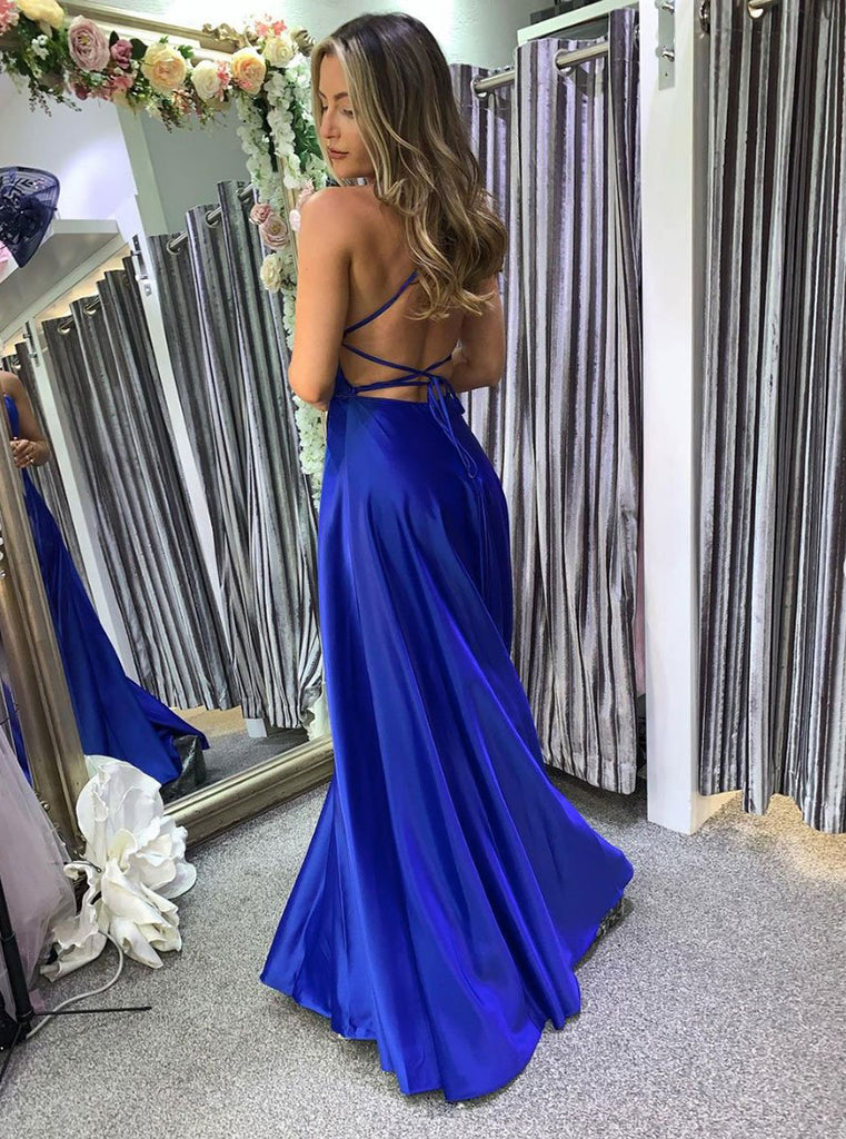 Royal blue silk prom cheap dress