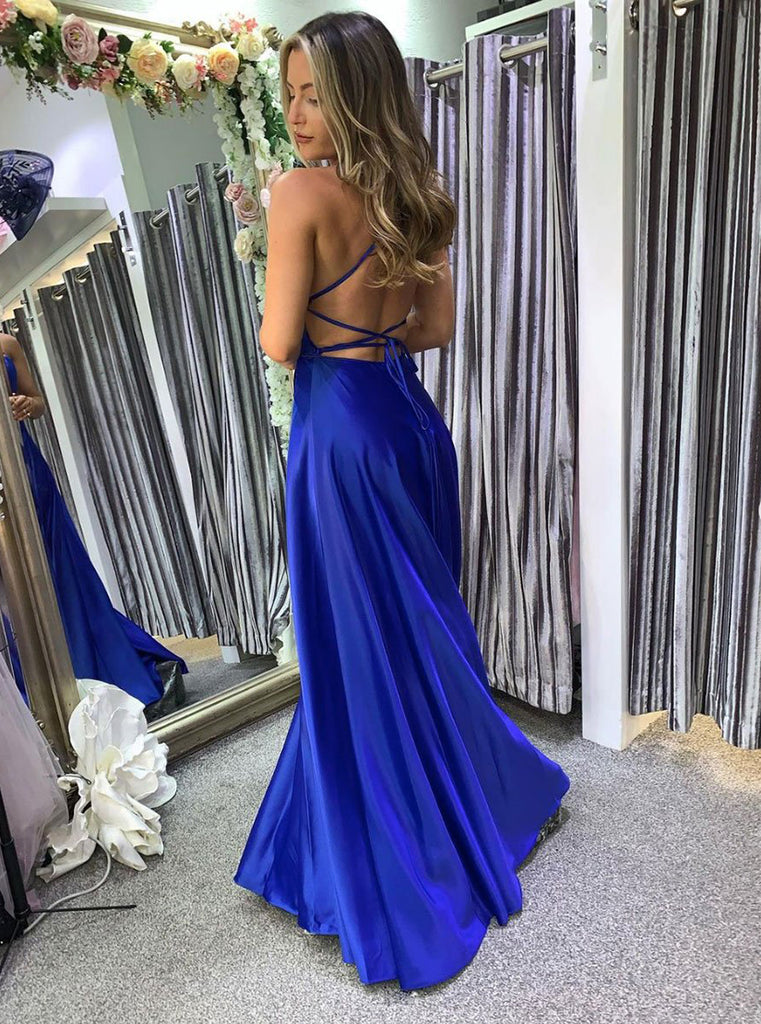 Simple Royal Blue Satin Lace up Back Long Prom Dress