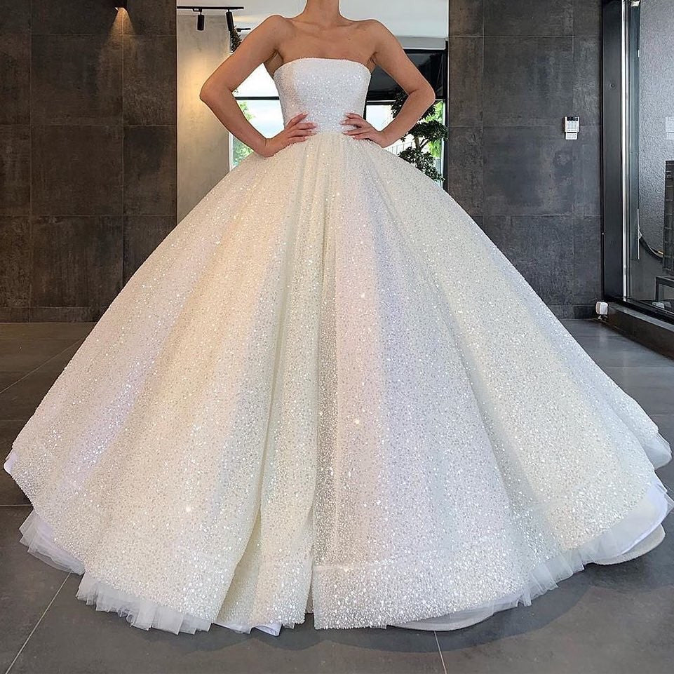 Glitter Strapless Ball Gown Wedding Dresses Sparkly Bridal Gown OW673