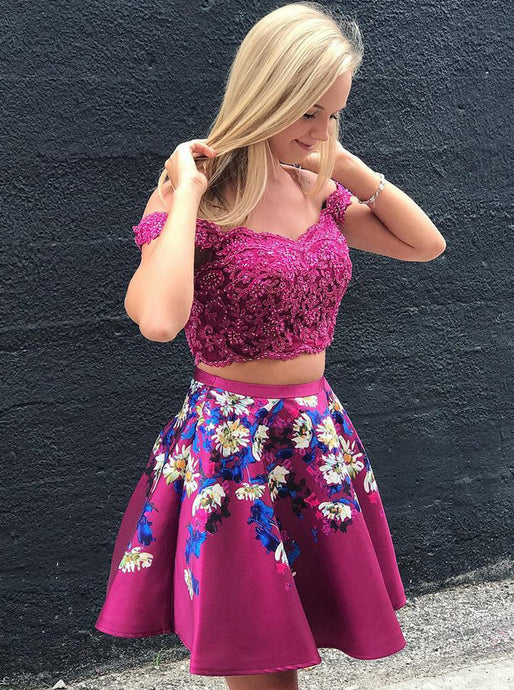 Two Piece Off Shoulder Lace Applique Short Prom Dress Floral Print Homecoming Dress OM308