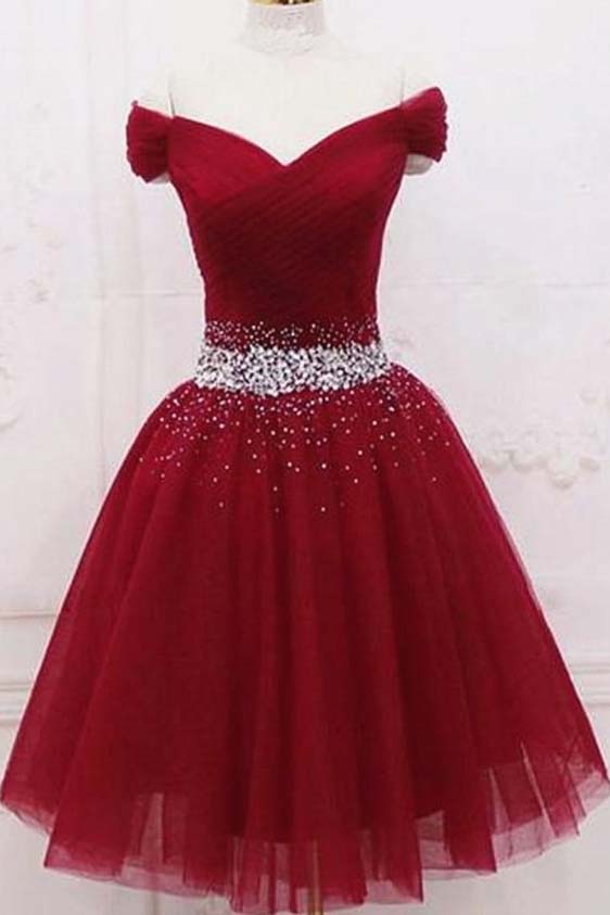 Off Shoulder Burgundy Short Graduation Dresses, Homecoming Dress With Beading OM446