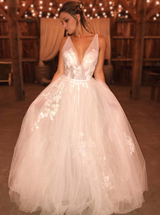 A-line V-neck Boho Wedding Dresses Applique Tulle Bridal Gown OW654