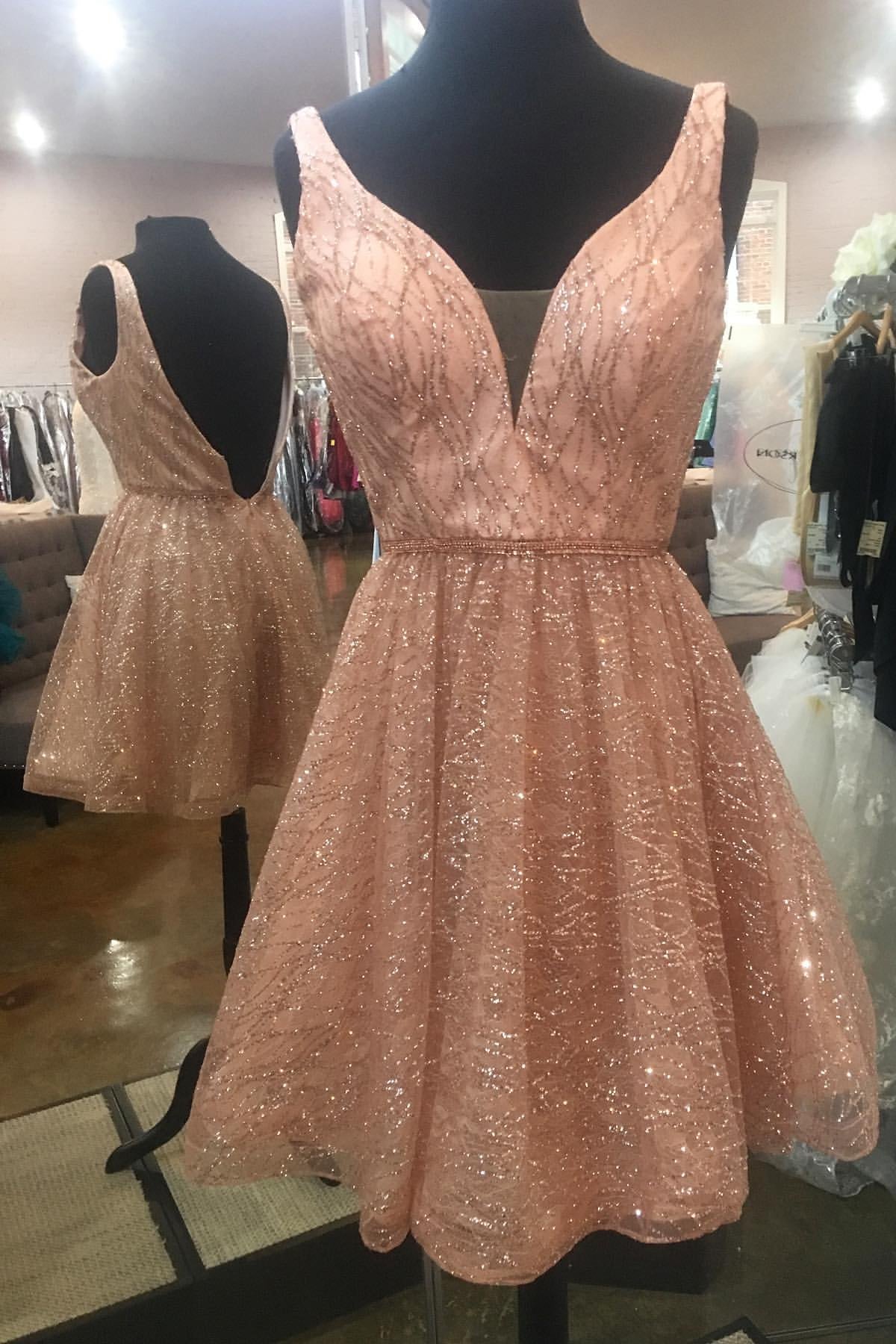 A-Line V-neck Backless Homecoming Dresses, Sequins Short Prom Dress OM479