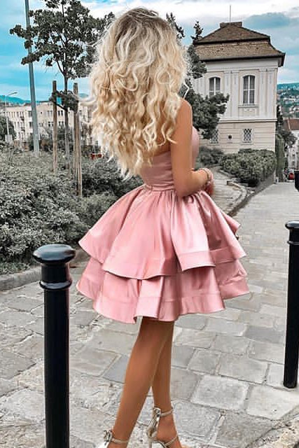 Strapless Blush Homecoming Party Dress With Tiered Skirt OM525