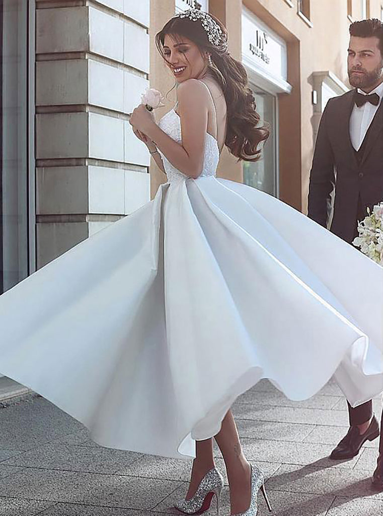 Simple V Neck Satin Tea Length Prom Dress Wedding Dress Simple V Neck Satin Tea Length Prom Dress Wedding Dress