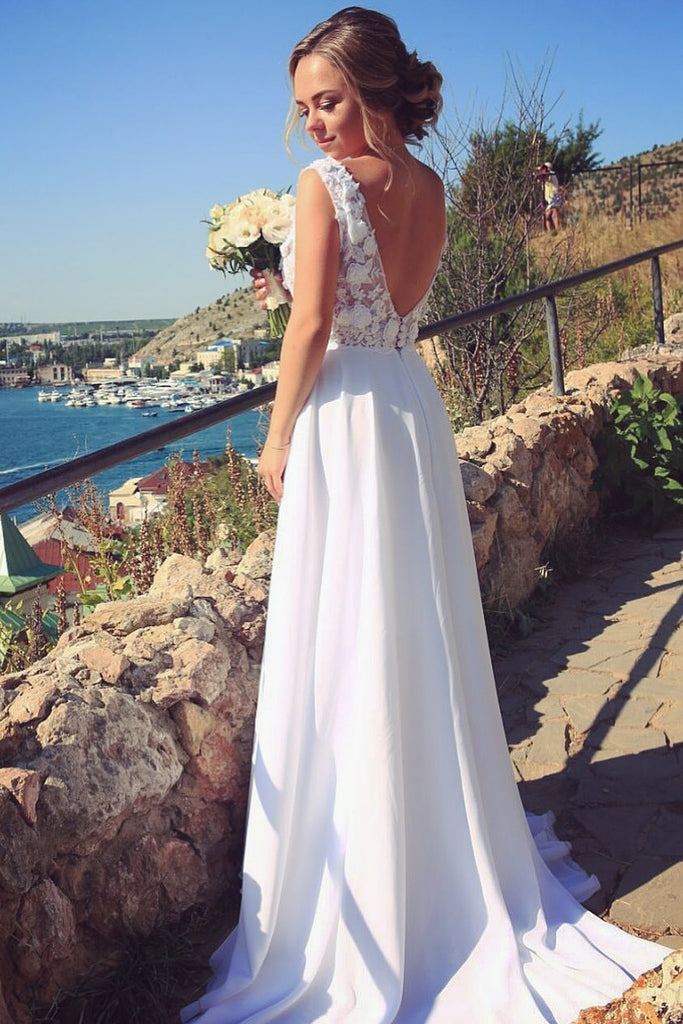 White A-line V-neck Chiffon Beach Wedding Dress With Appliques OW593