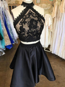 Two Piece Little Black Dress Lace Top Cut Out Satin Party Dress OM493