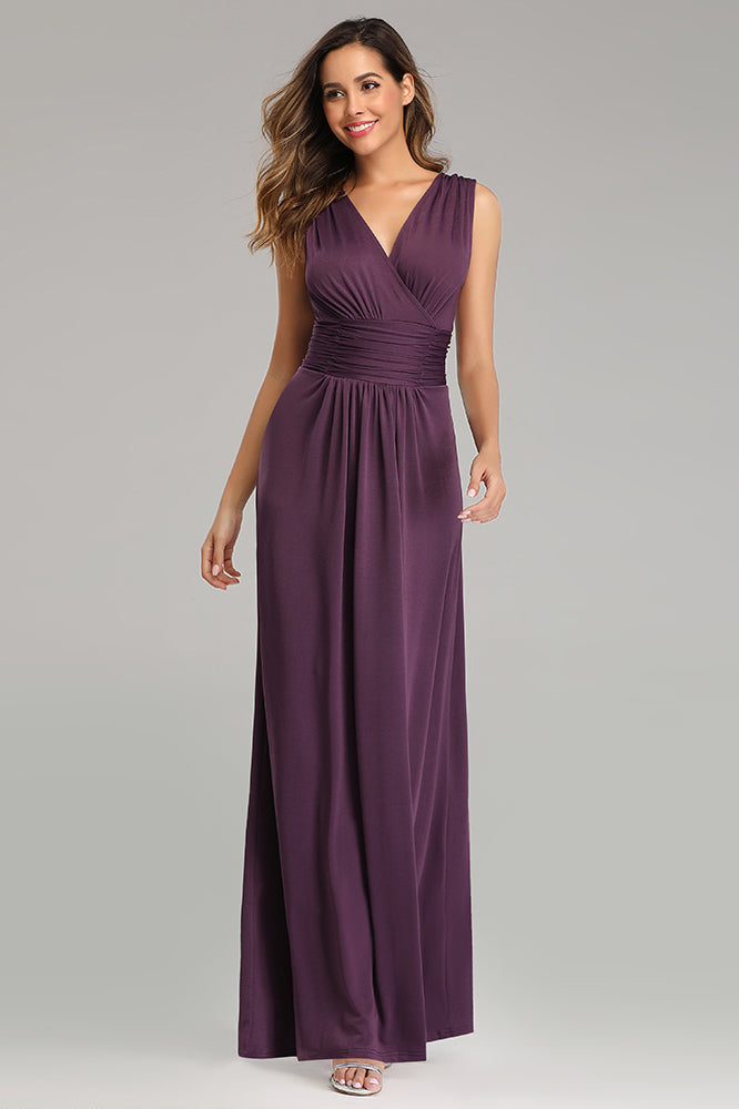 Simple Grape Long Prom Dresses V-neck Evening Dress E90803