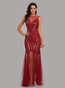 See-Through Bateau Burgundy Mermaid Prom Evening Dresses With Beading E90816