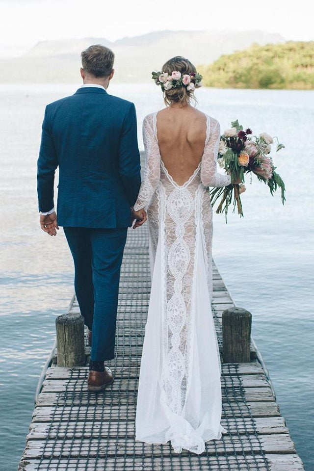 Sexy Ivory Lace Long Sleeves Sheath Backless Beach Wedding Dress OW320