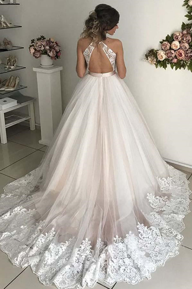 Deep V Neck Backless Wedding Dresses Lace Appliques Bridal Gown OW700