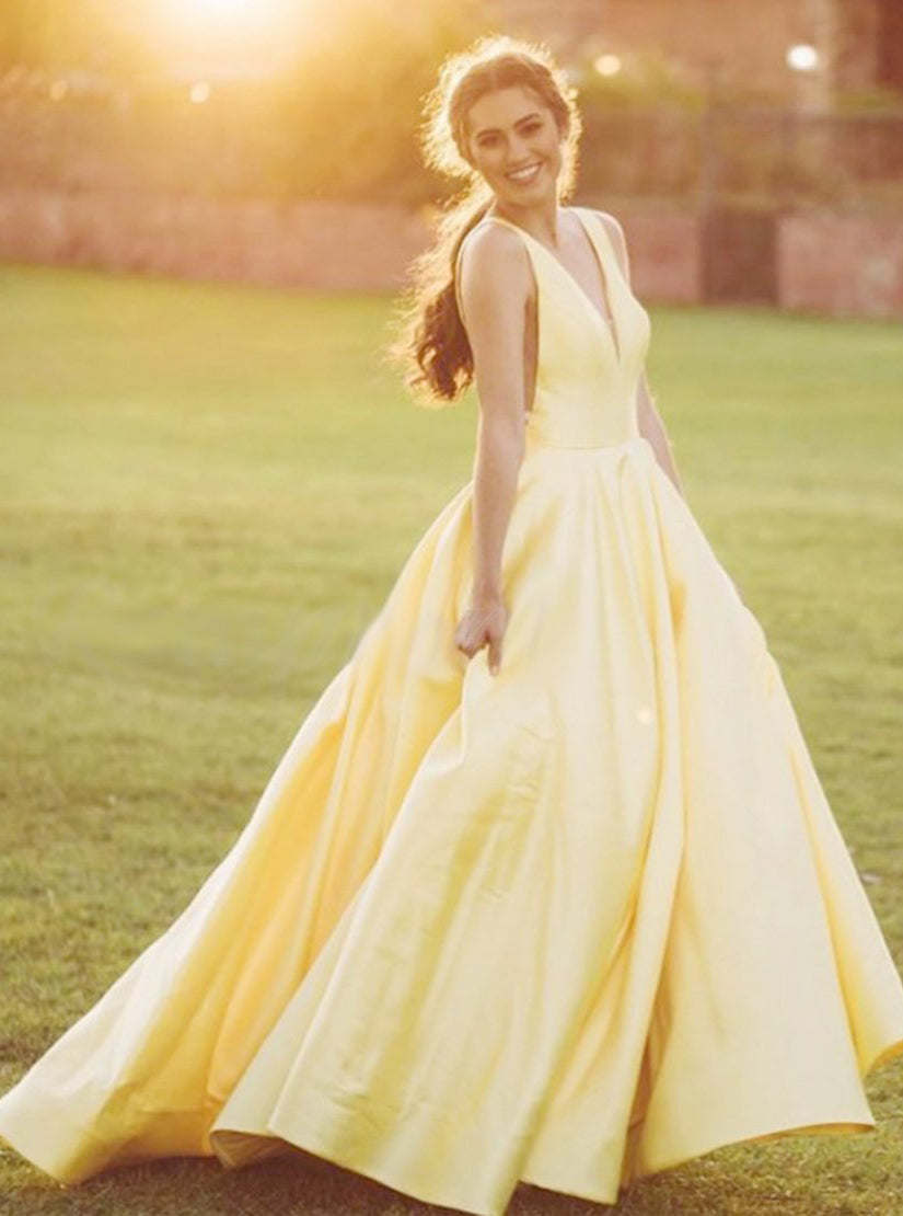 Yellow A-Line V-Neck Long Prom Dress PD1117