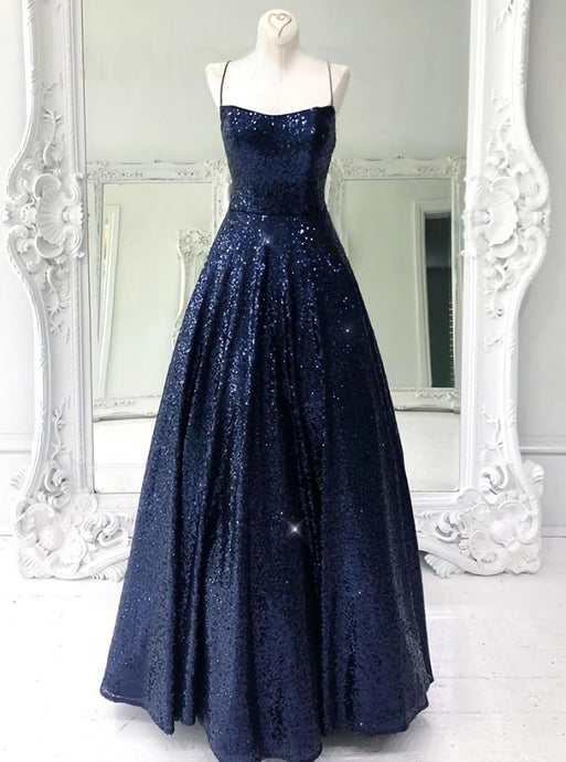 Sparkly Spaghetti Straps Navy Blue Long Prom Dress With Sequins