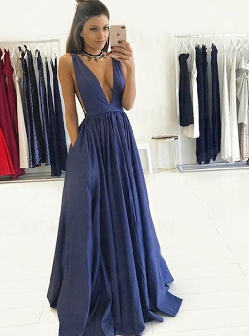 Simple Deep V-Neck Open Back Long Blue Prom Dress with Pockets PD1118