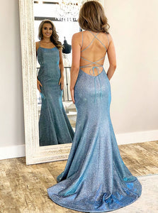 Spaghetti Straps Long Mermaid Prom Dress Sleeveless Blue Evening Dress PD1105