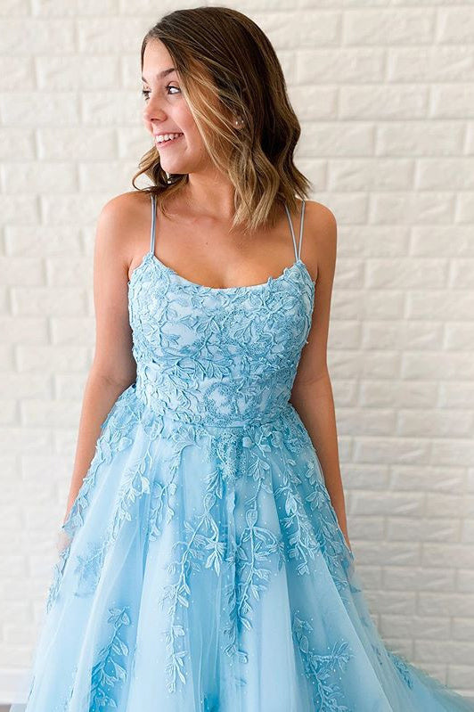 Spaghetti-straps Sky Blue Tulle Long Prom Dresses With Appliques PO164