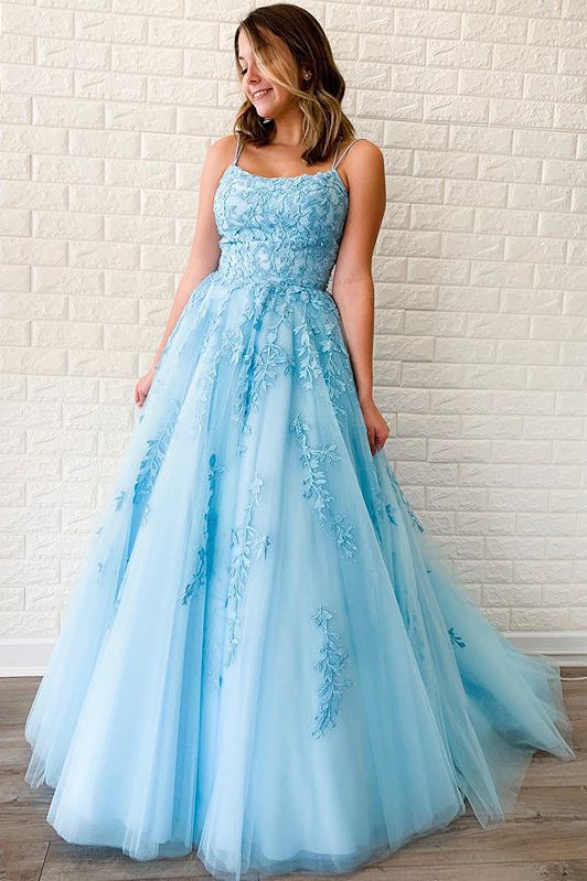 Spaghetti-straps Sky Blue Tulle Long Prom Dresses With Appliques PO164