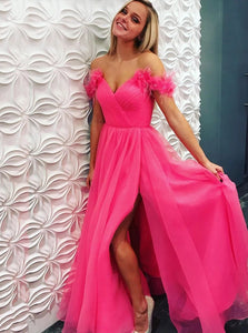 Fuchsia Off-Shoulder Tulle Prom Dress Formal Dress with Split