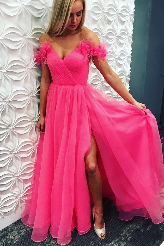 Fuchsia Off-Shoulder Tulle Prom Dress Formal Dress with Split