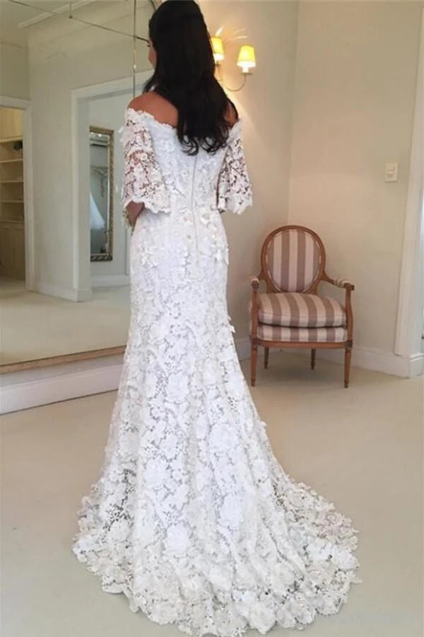 Half Sleeve Lace Wedding Dresses Off Shoulder Mermaid Bridal Gown OW688